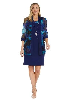 Printed Chiffon Jacket Dress with Tank Dress-Navy