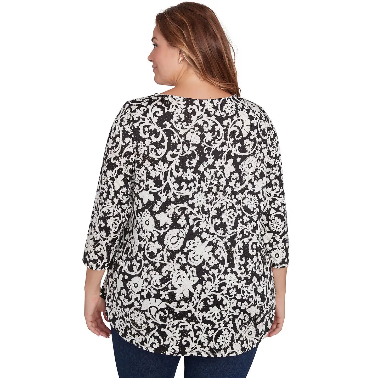Plus Women's Batik Scroll Dew Drop Printed Knit Top Ivory Multi - Ruby Rd