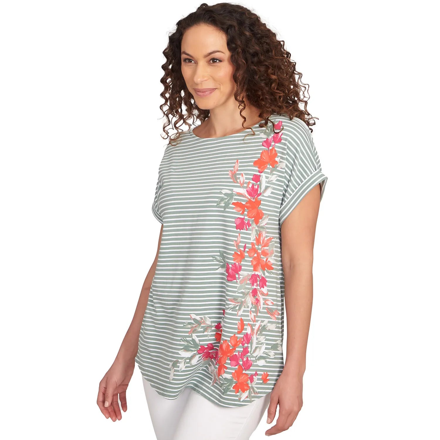 Floral Stripe Jersey Tee Bayleaf Multi  - Ruby Rd
