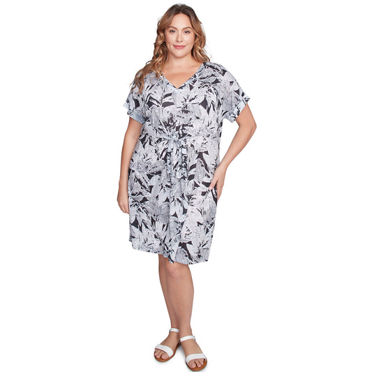 Plus Batik Leaf Tie-Front Jersey Dress Black Multi - Ruby Rd