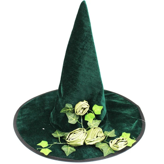 Green Floral Witch Hat with Ribbon Flowers and Leaves