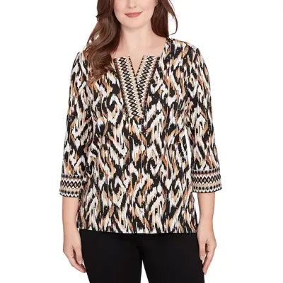 Split Neck Ikat Dewdrop Knit Top Tan Multi - Ruby Rd