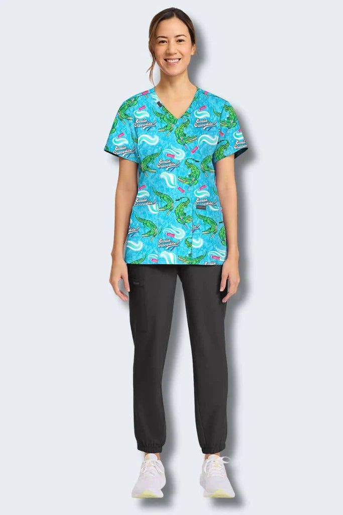 Blusa estampada con cuello en V y cocodrilo sonriente