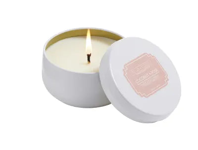 COCONUT ROSE' CANLDE IN WHITE TIN Toz.