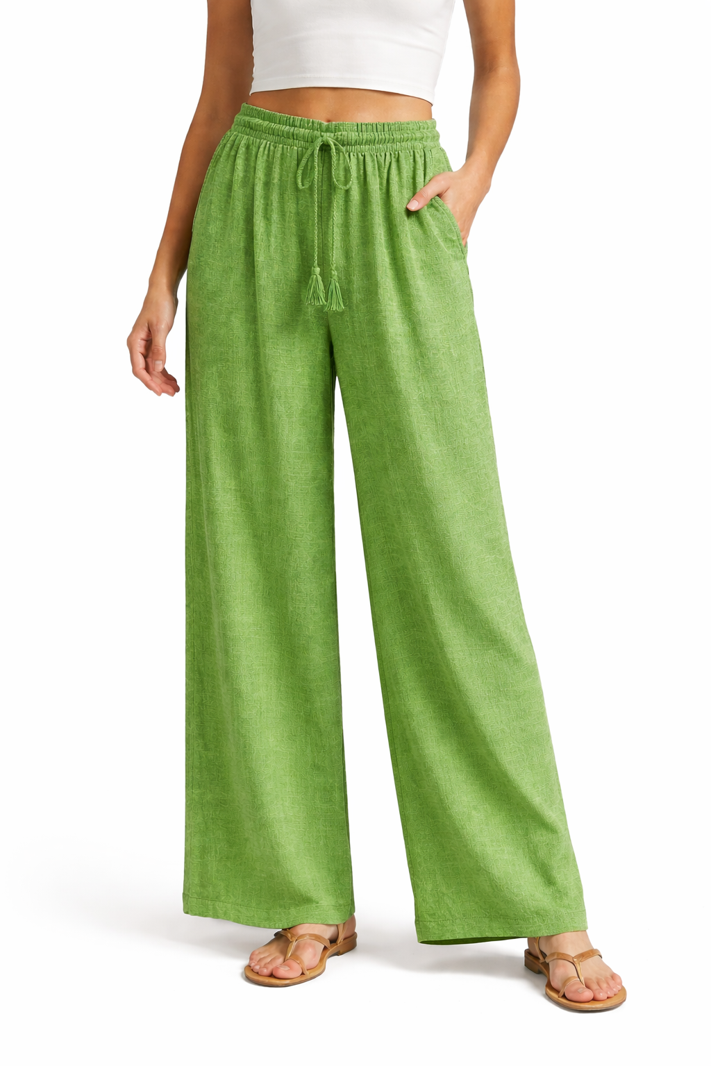Elastic Waist Cropped wide Leg Pant  w/ Drawstring w/ Tassel Apple - Ninety