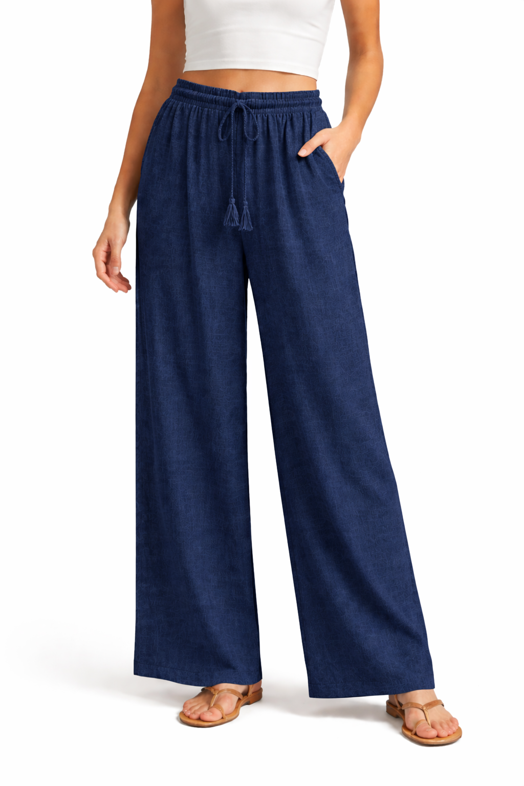 Elastic Waist Cropped wide Leg Pant  w/ Drawstring w/ Tassel Navy - Ninety