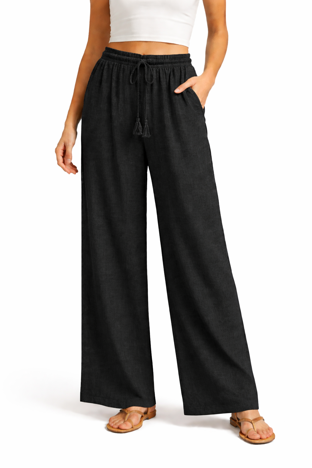 Elastic Waist Cropped wide Leg Pant  w/ Drawstring w/ Tassel Black - Ninety
