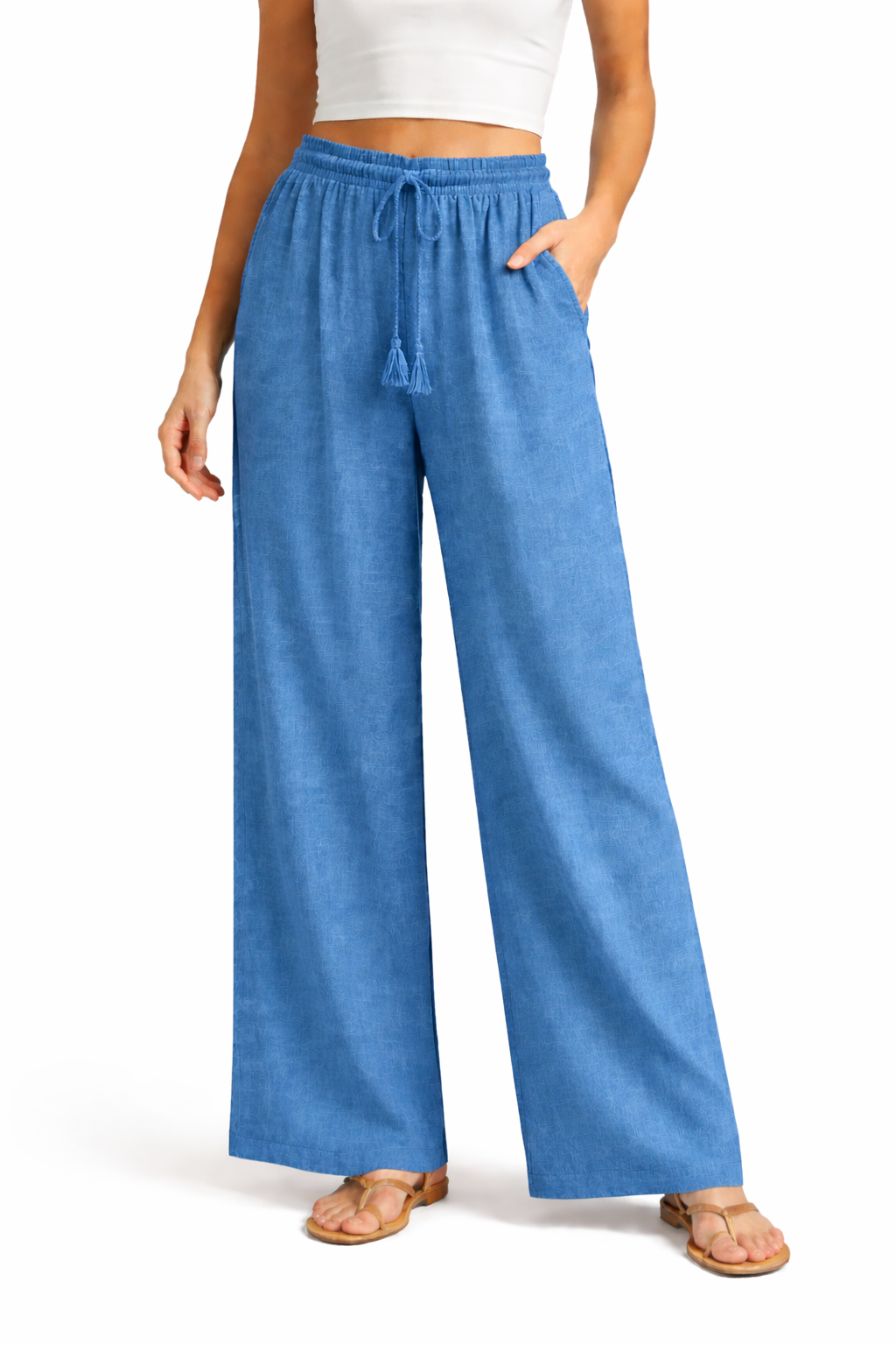 Elastic Waist Cropped wide Leg Pant  w/ Drawstring w/ Tassel Ocean - Ninety