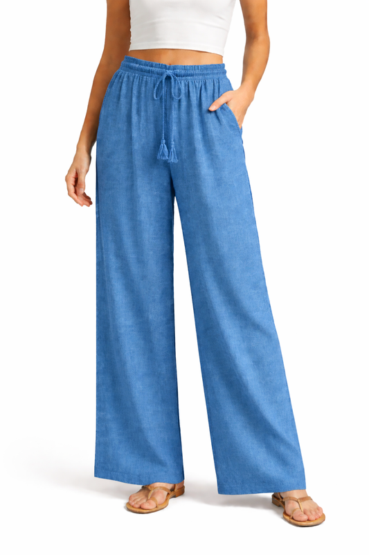 Elastic Waist Cropped wide Leg Pant  w/ Drawstring w/ Tassel Ocean - Ninety