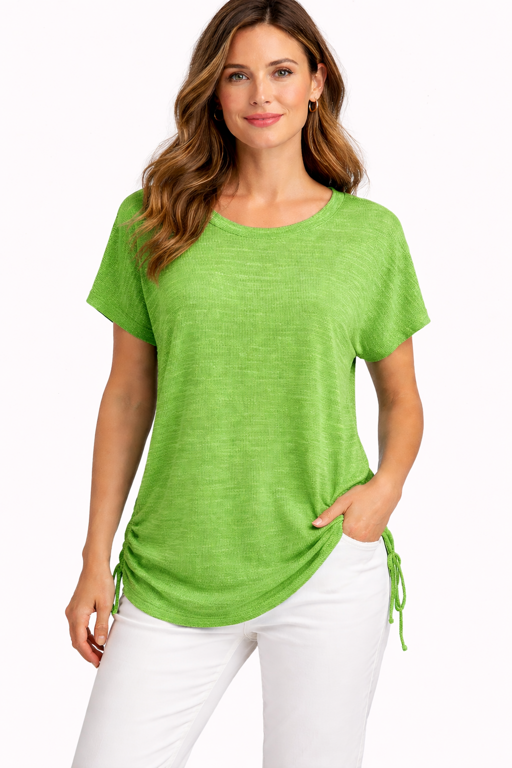 Dolman Sleeve Crew Neck Side Ruched Top w / Self Tie Apple  - Ninety