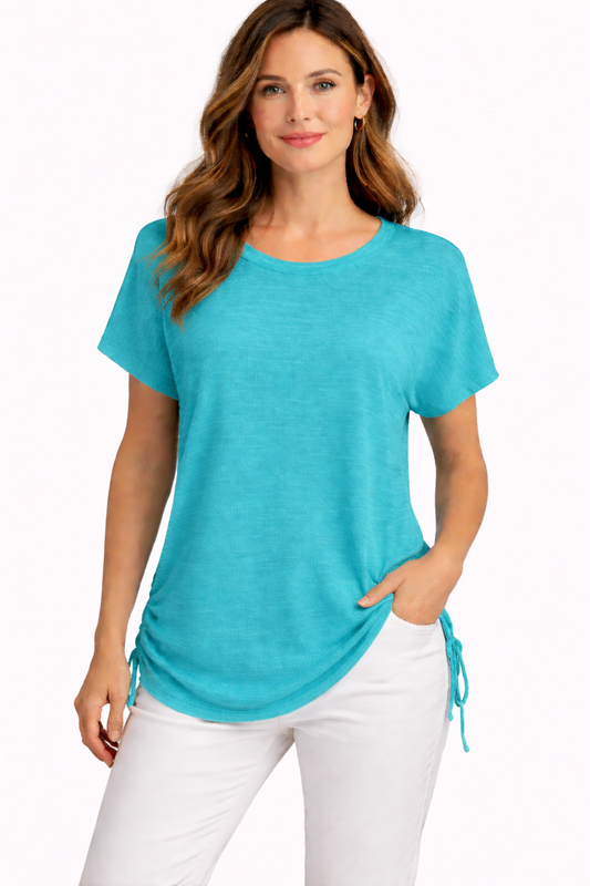 Dolman Sleeve Crew Neck Side Ruched Top w / Self Tie Turquoise - Ninety