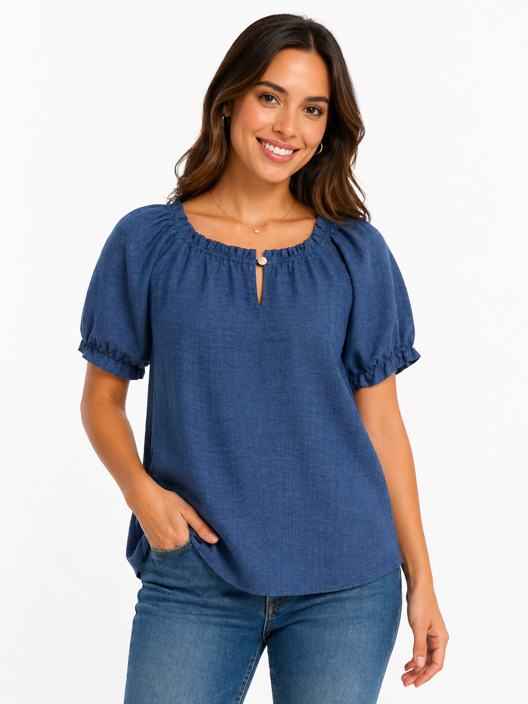 Embrodered Flutter  Sleeve Button Front Drak Denim