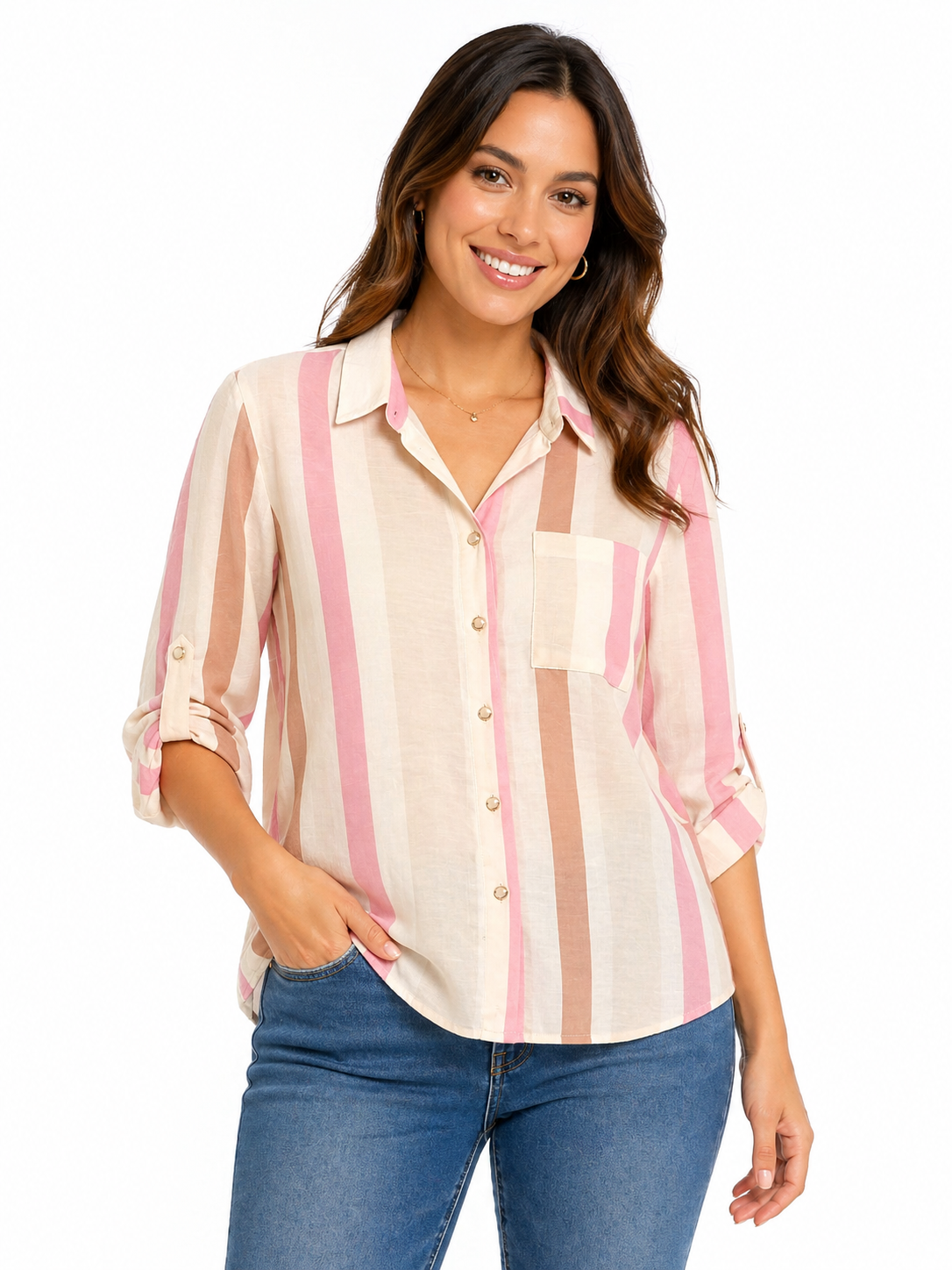 Roll Tab Button Down Pink Stripe