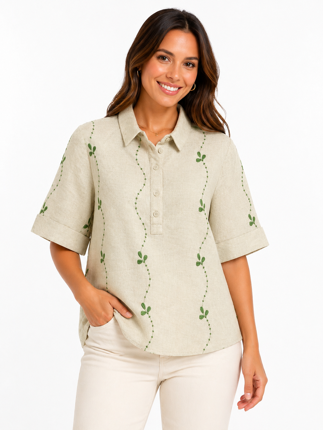 Embroidered 3/4 Sleeve Crew Neck Henley Stone Fern