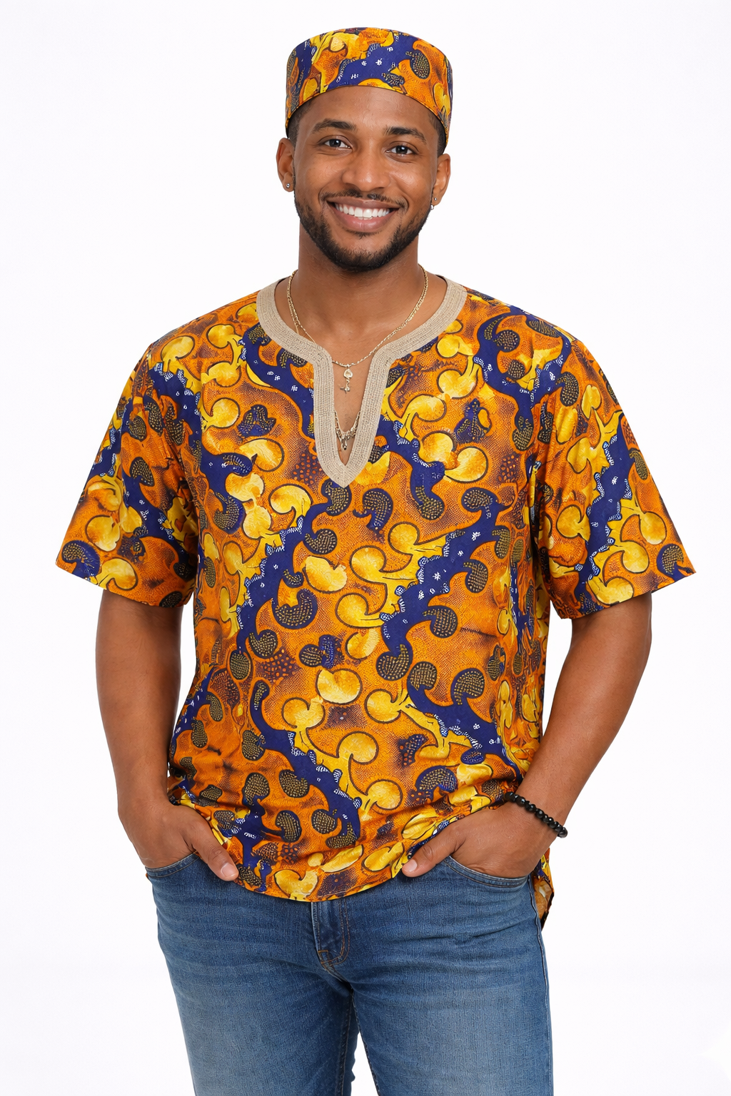 Camisa y Kufi Caballero Naranja-Amarillo  (Etnia Negra)