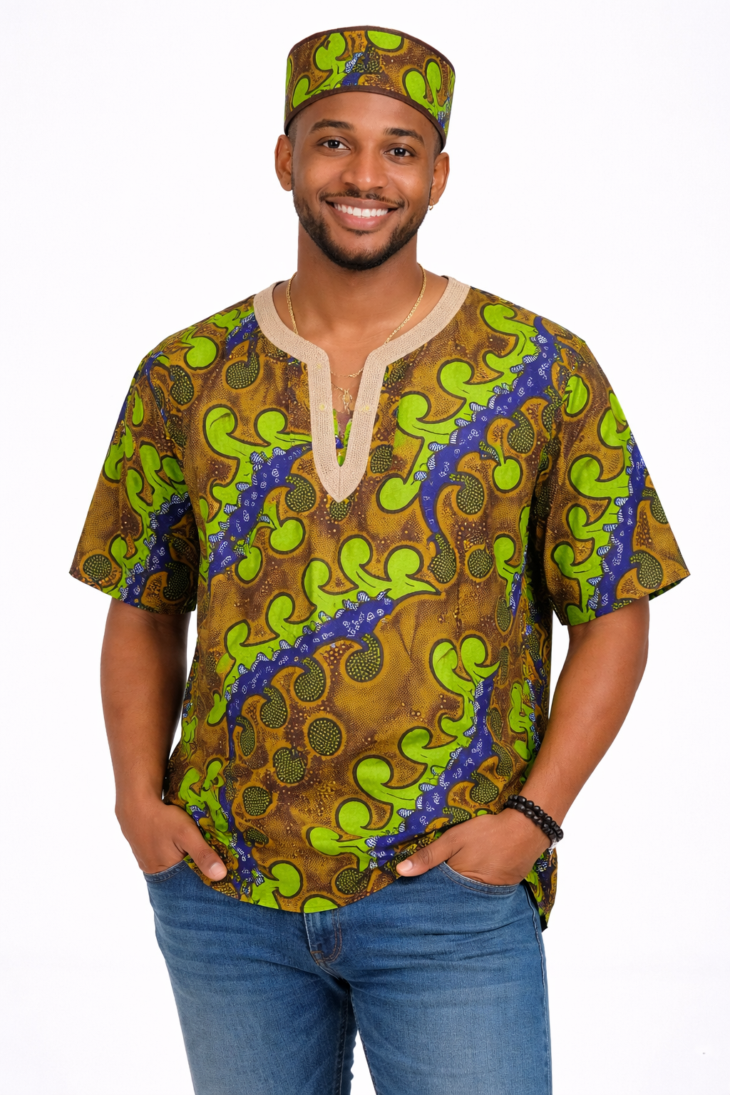 Camisa y Kufi Caballero Verde Manzana-Azul-Mostaza  (Etnia Negra)