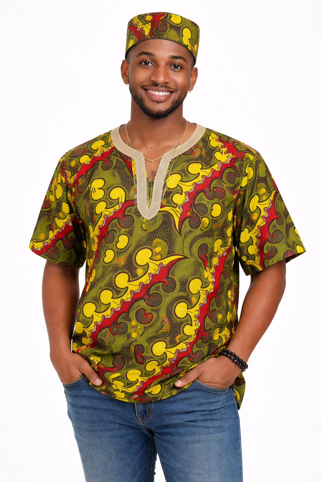 Camisa y Kufi Caballero Oliva - Amarillo-Rojo  (Etnia Negra)