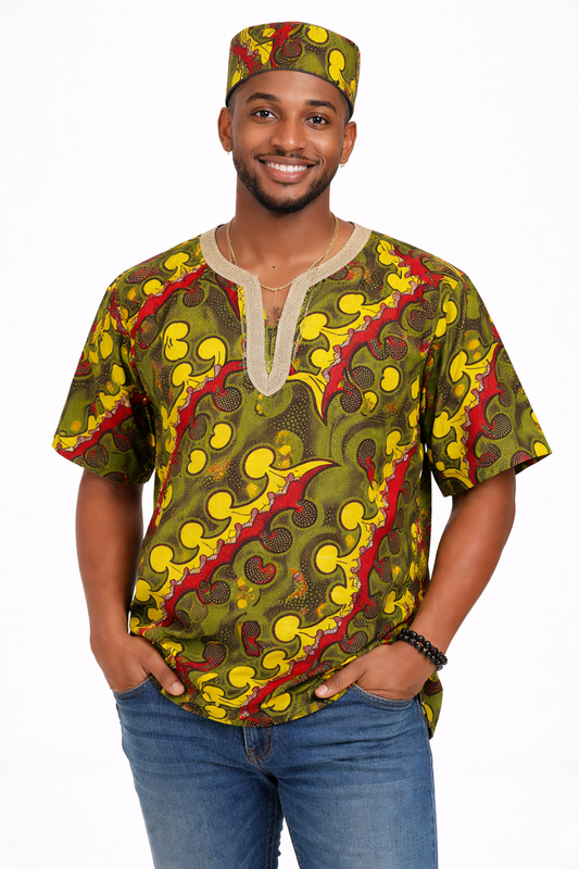 Camisa y Kufi Caballero Oliva - Amarillo-Rojo  (Etnia Negra)