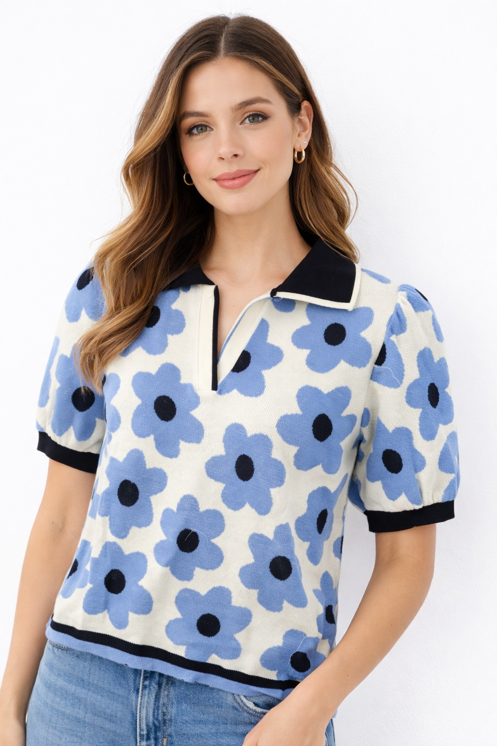 Polo Sweater Cream / Blue Multi - Nanette