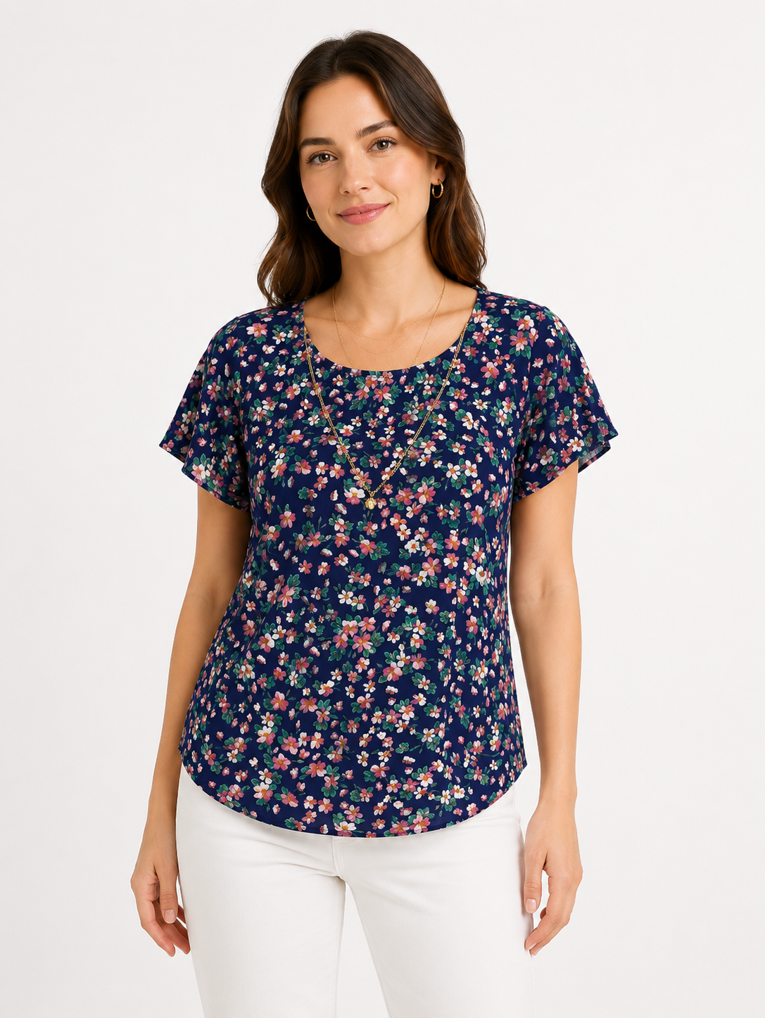 Ladies Print Tops Navy Flowers