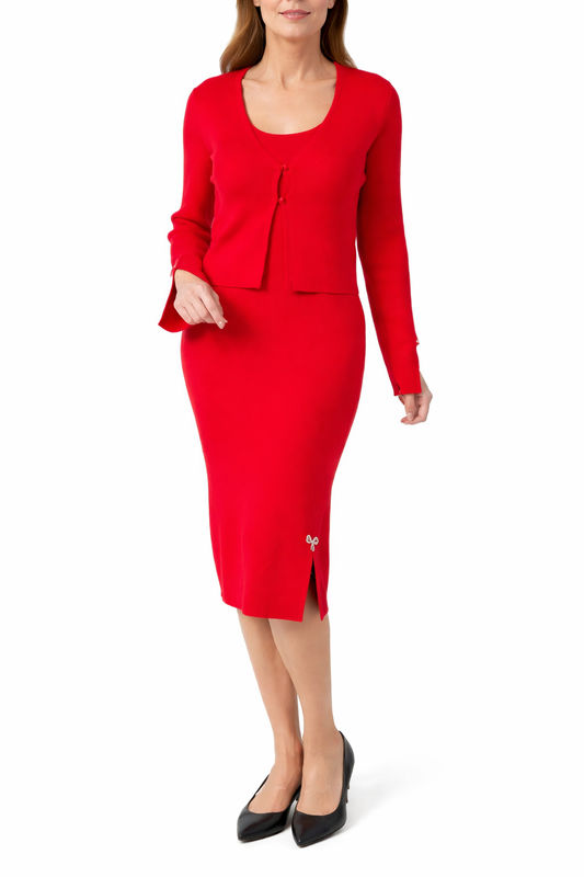 Dress V Neck Rib Cardigan with Red