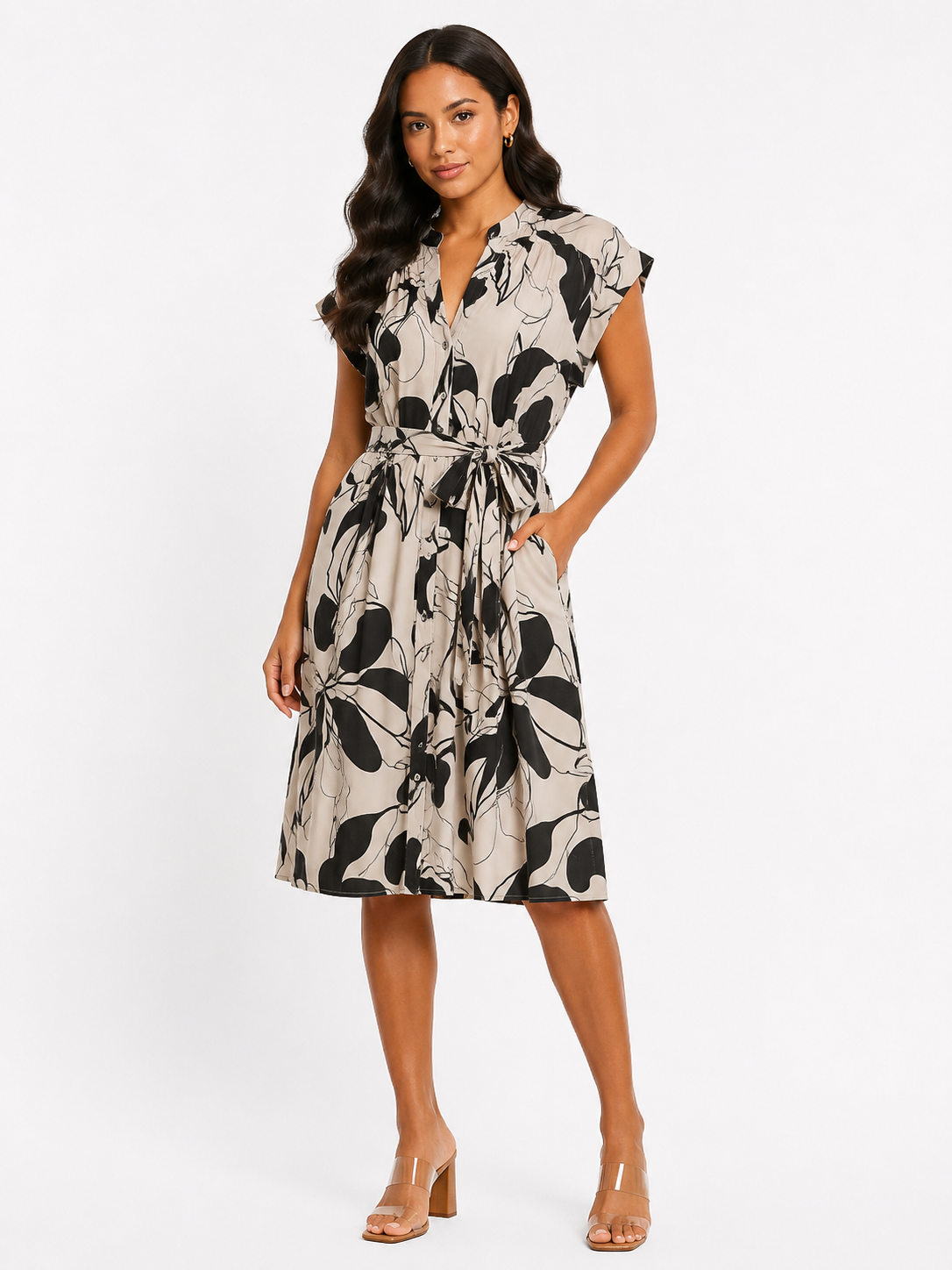 Dolman Sleeve Belted Ted Dress Taupe Black