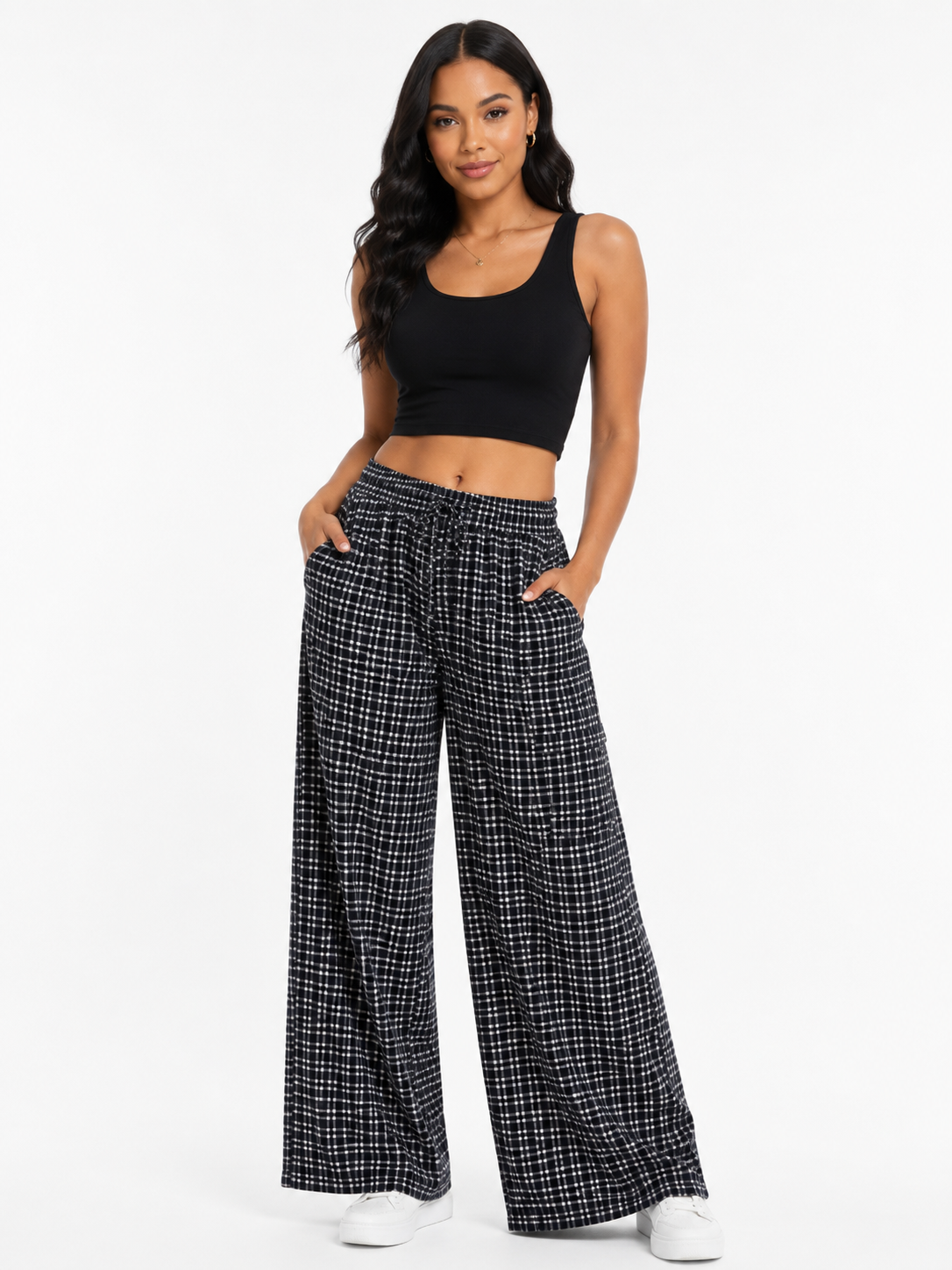 Drawstring Elastic Waistband C Jillian Plaid Black / Moonlight