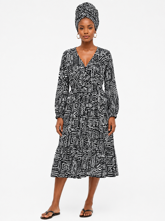 Dress Black-White  Print Women - Etnia Negra