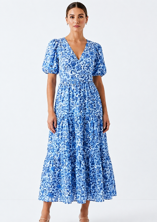 Sleeve V Neck Tiered Midi Dark Blue  Combo
