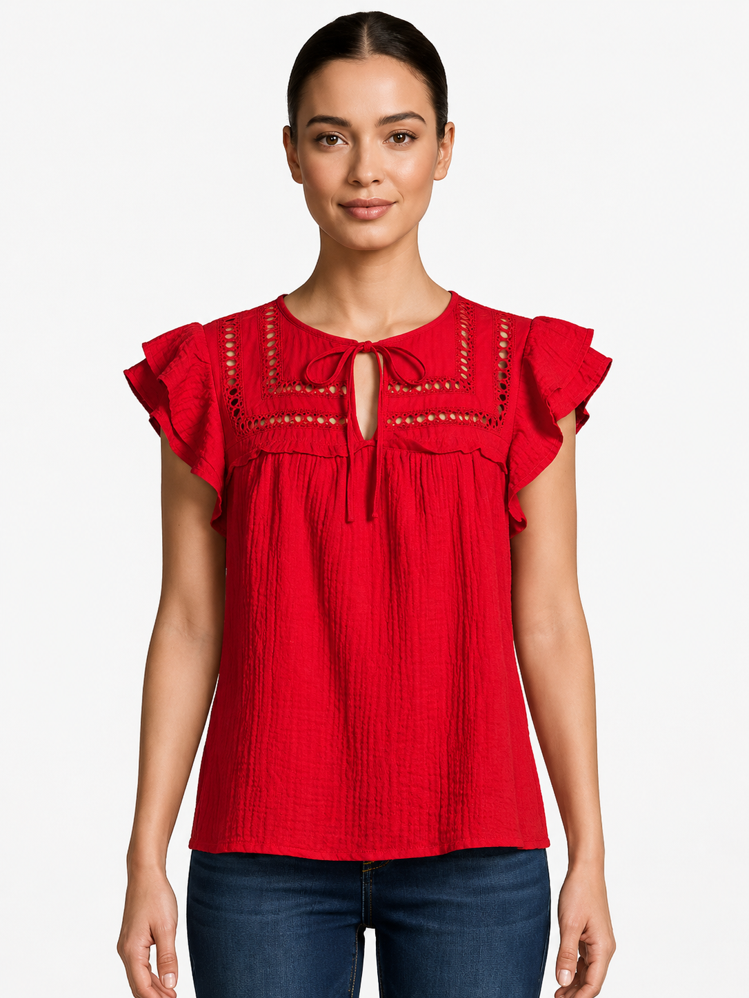 Short Flutter Sleeve Yoke Red / Flame Scarlet