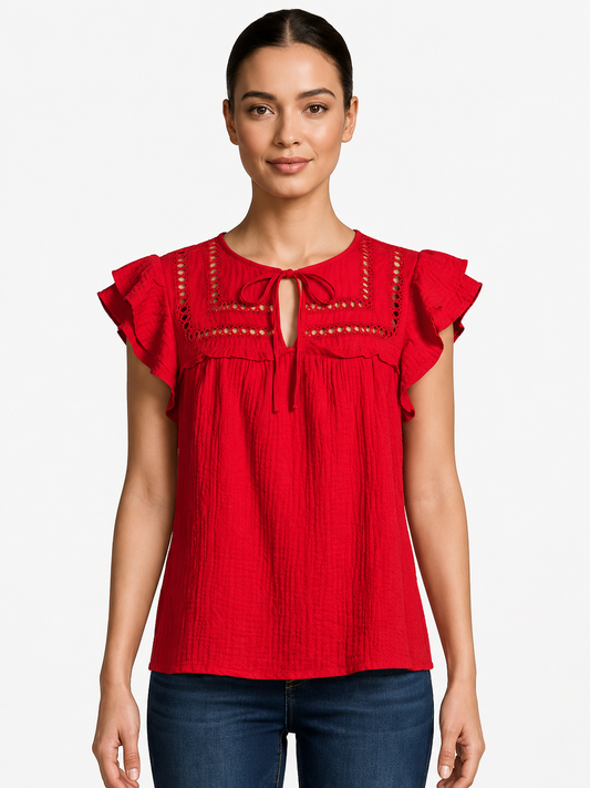 Short Flutter Sleeve Yoke Red / Flame Scarlet