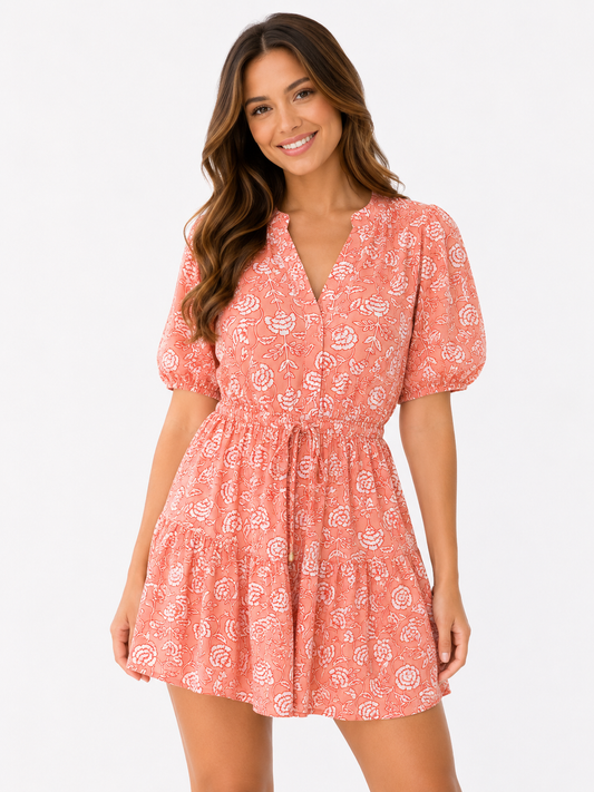 Sleeve Pouf Sleeve V Neck Tier Pink