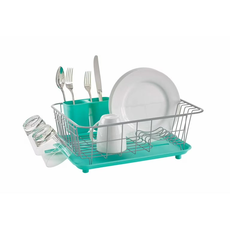 Compact Dish Rack with Frost Sink Brush, Teal