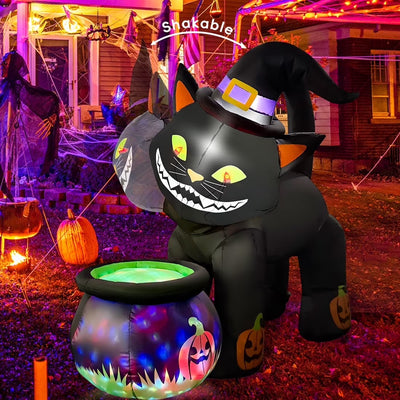 Gato Negro Hinchable de 1.58 m de Altura con Cabeza Temblorosa y Luces LED Integradas