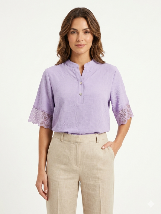 Ladies Air Flow Dress, 2 Button Henley, Crochet Sleeve Lilac- Liz & Lilli