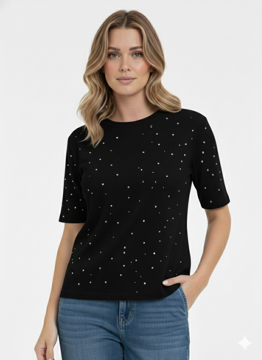 Ladies Top Crew Neck Black and pearls - Liz & Lilli