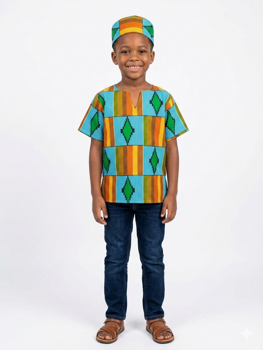 Camisa Nilño Celeste-Verde-Naranja (Etnia Negra)
