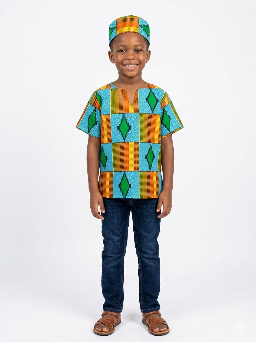 Camisa Nilño Celeste-Verde-Naranja (Etnia Negra)