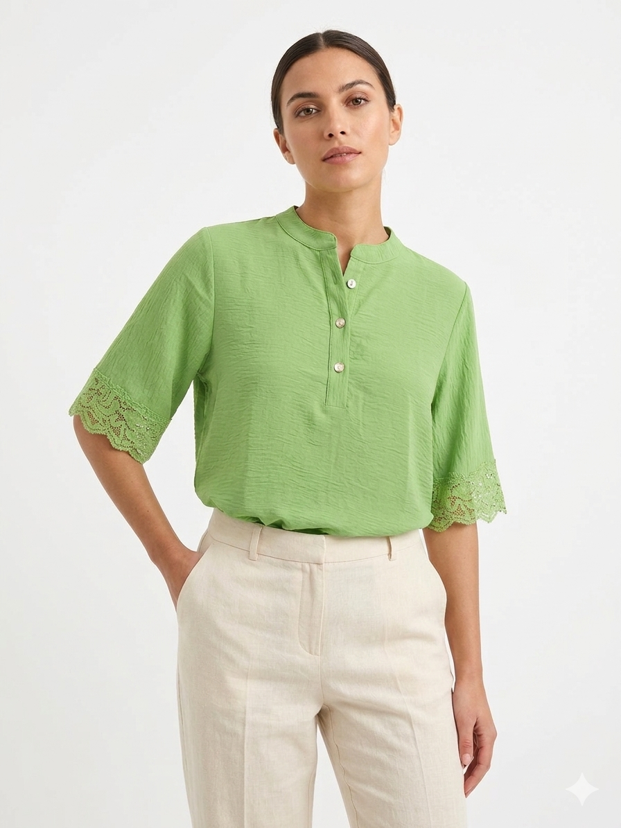 Vestido de mujer Air Flow, Henley de 2 botones, manga de crochet, verde - Liz & Lilli