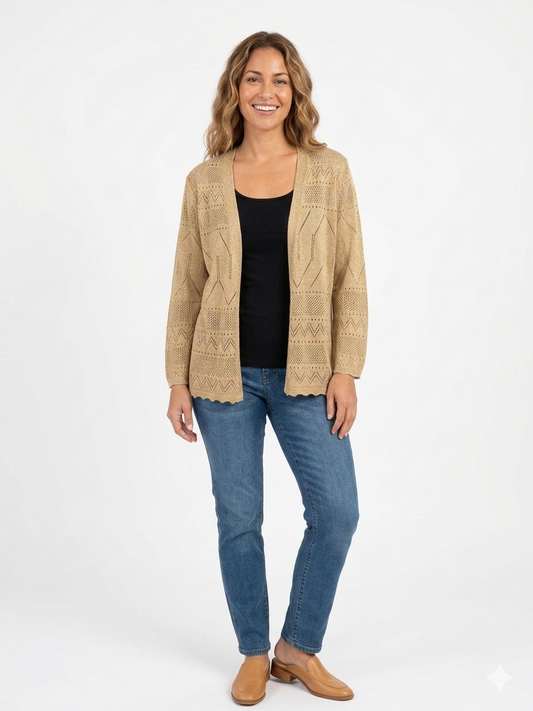 Sweater Pointelle Shrug Shimmer Carmel