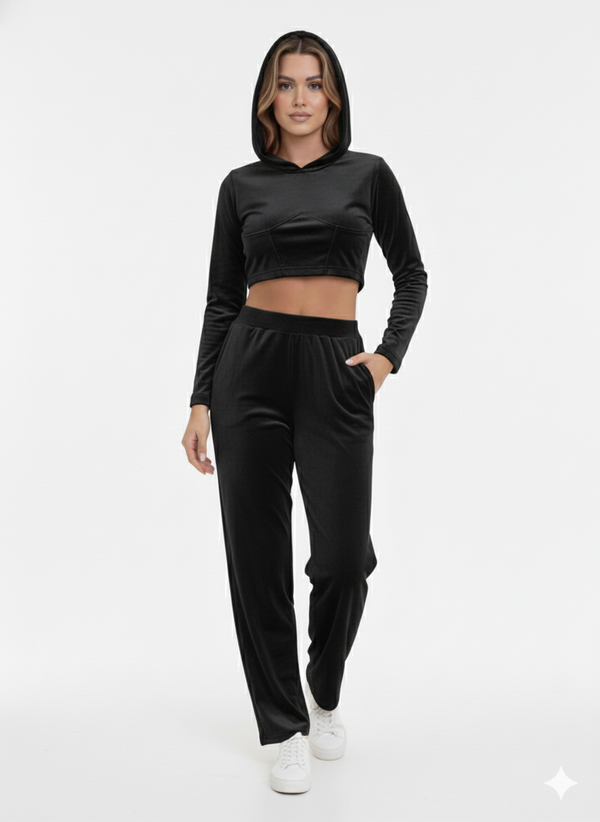 Ladies Velour Hoodie Top  with Pant  Set 2 Black - Liz & Lilli