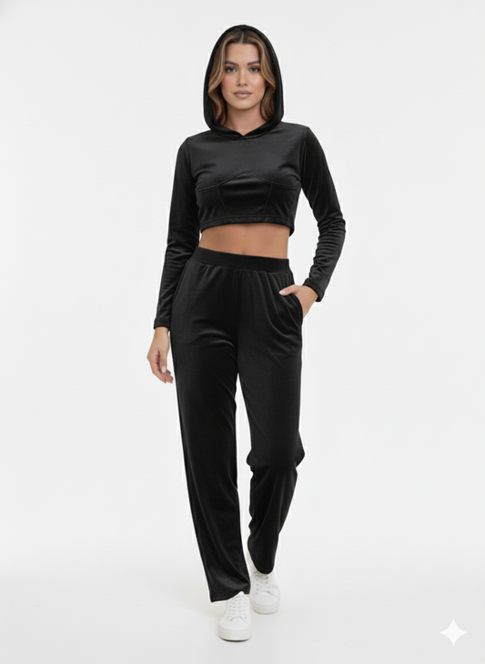 Ladies Velour Hoodie Top  with Pant  Set 2 Black - Liz & Lilli