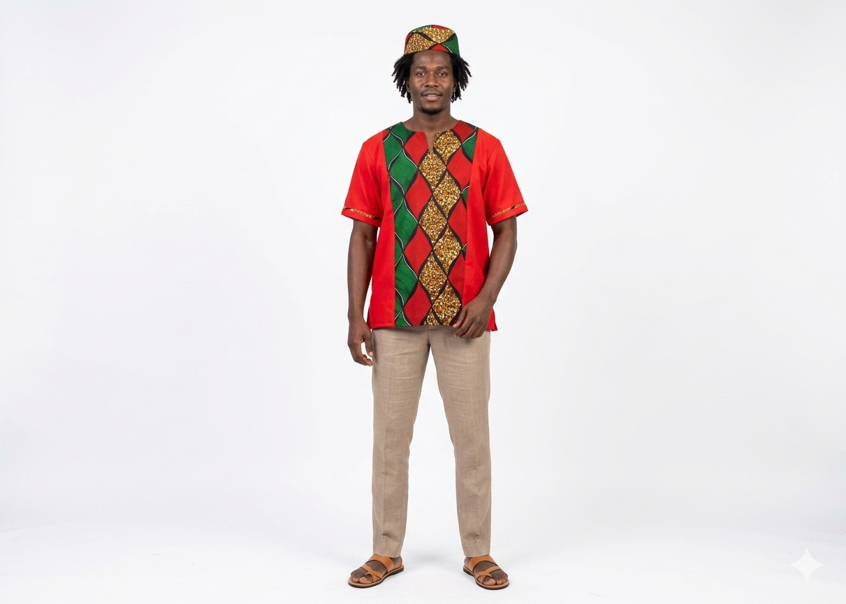 Camisa y Kufi Caballero Rojo-Estampado (Etnia Negra)