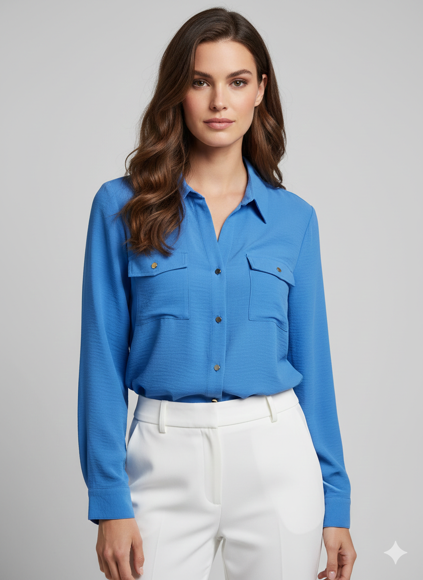 Blouse Solid Gold Button Marine - Ninety