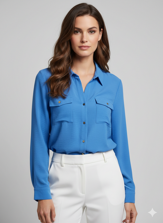 Blouse Solid Gold Button Marine - Ninety