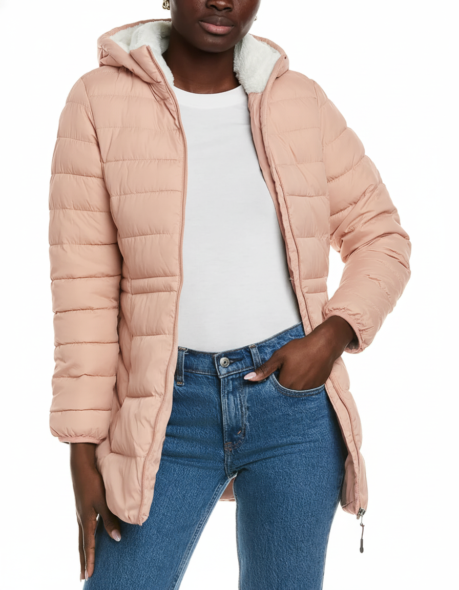 Puffer with Rabbit Fur Collar Blush