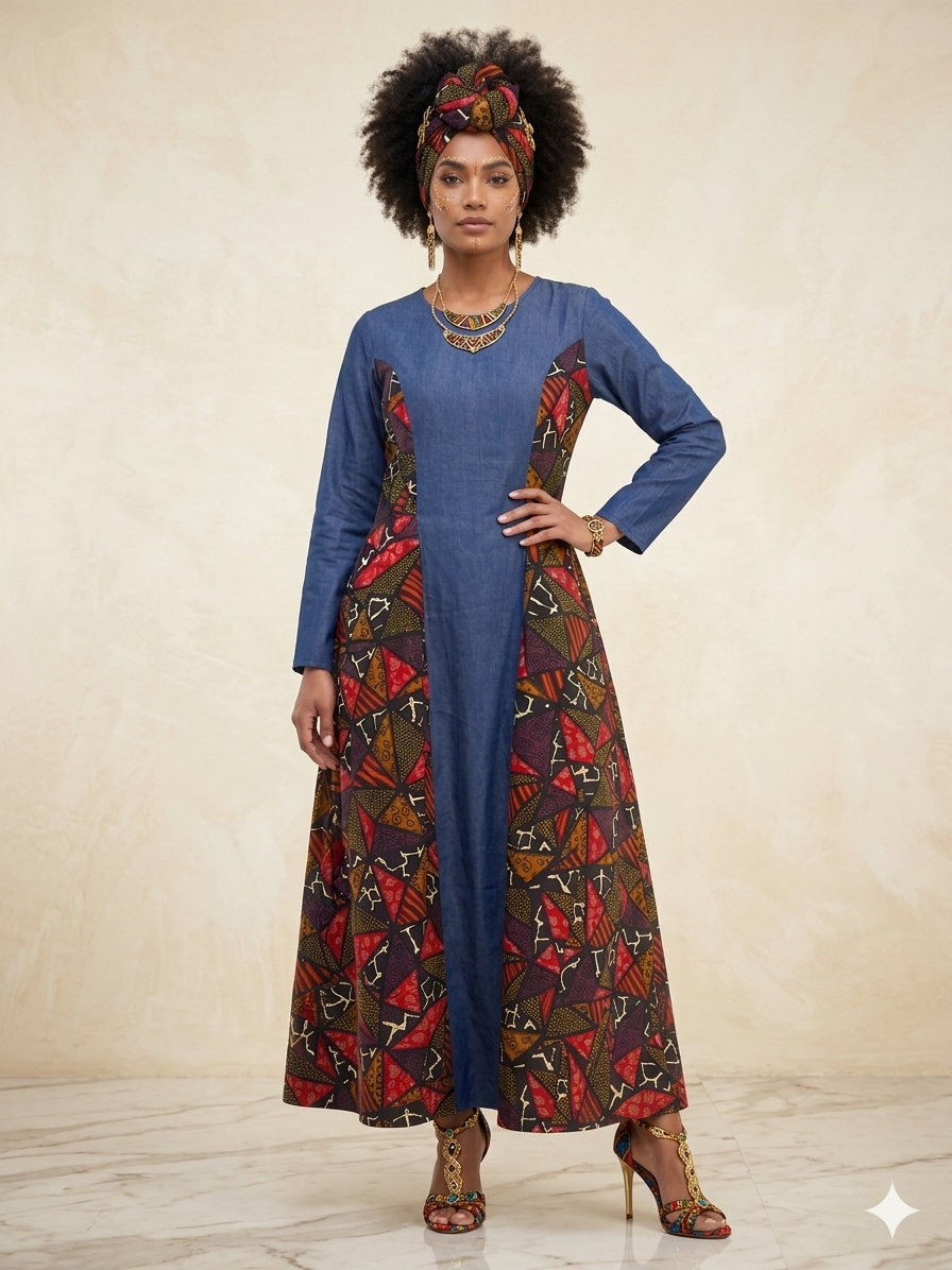 Denim Dress with Printed Patch -Etnia Negra