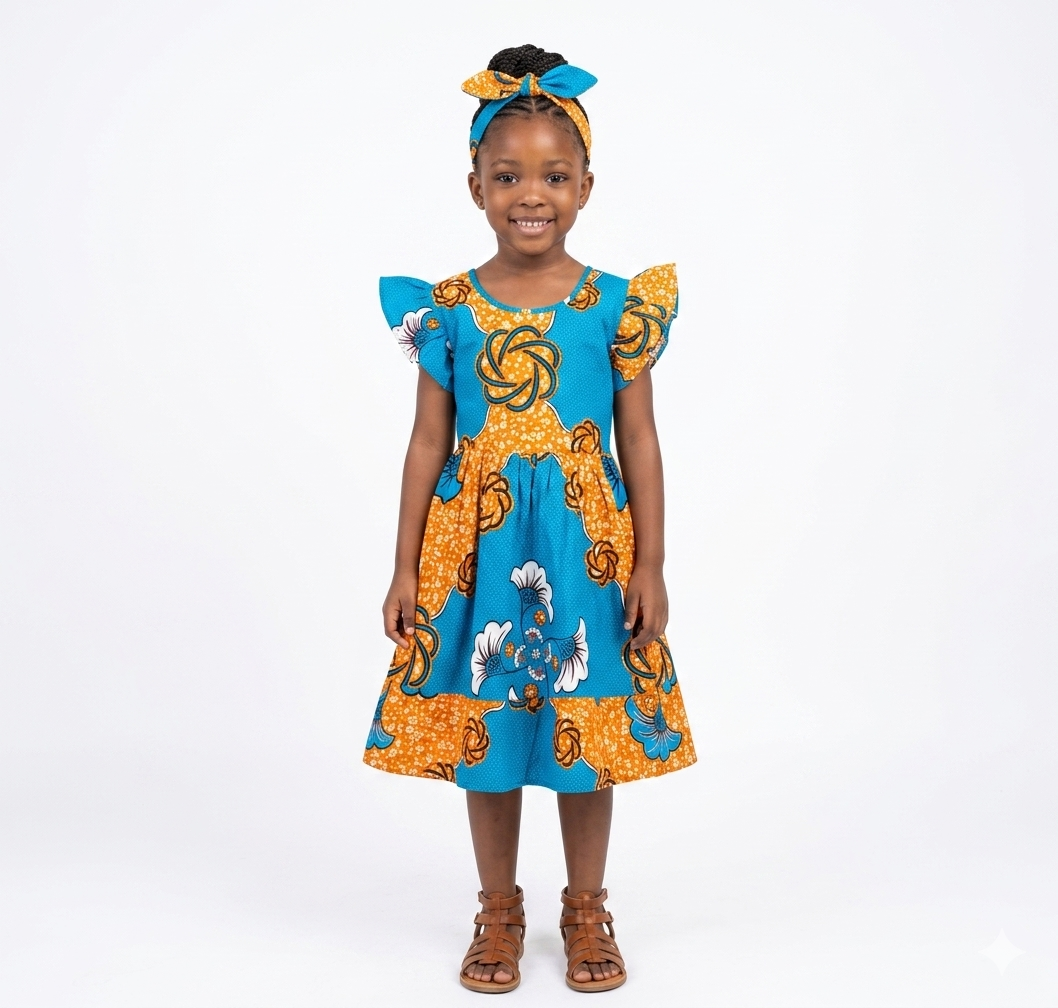 Vestido Niña Turquesa-Mostaza-Blanco ( Etnia Negra)