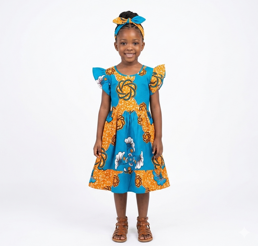 Vestido Niña Turquesa-Mostaza-Blanco ( Etnia Negra)
