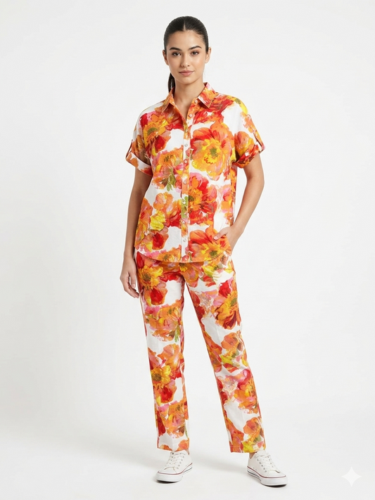 Button Front Camp Shirt Set Azealia Pink Flowers